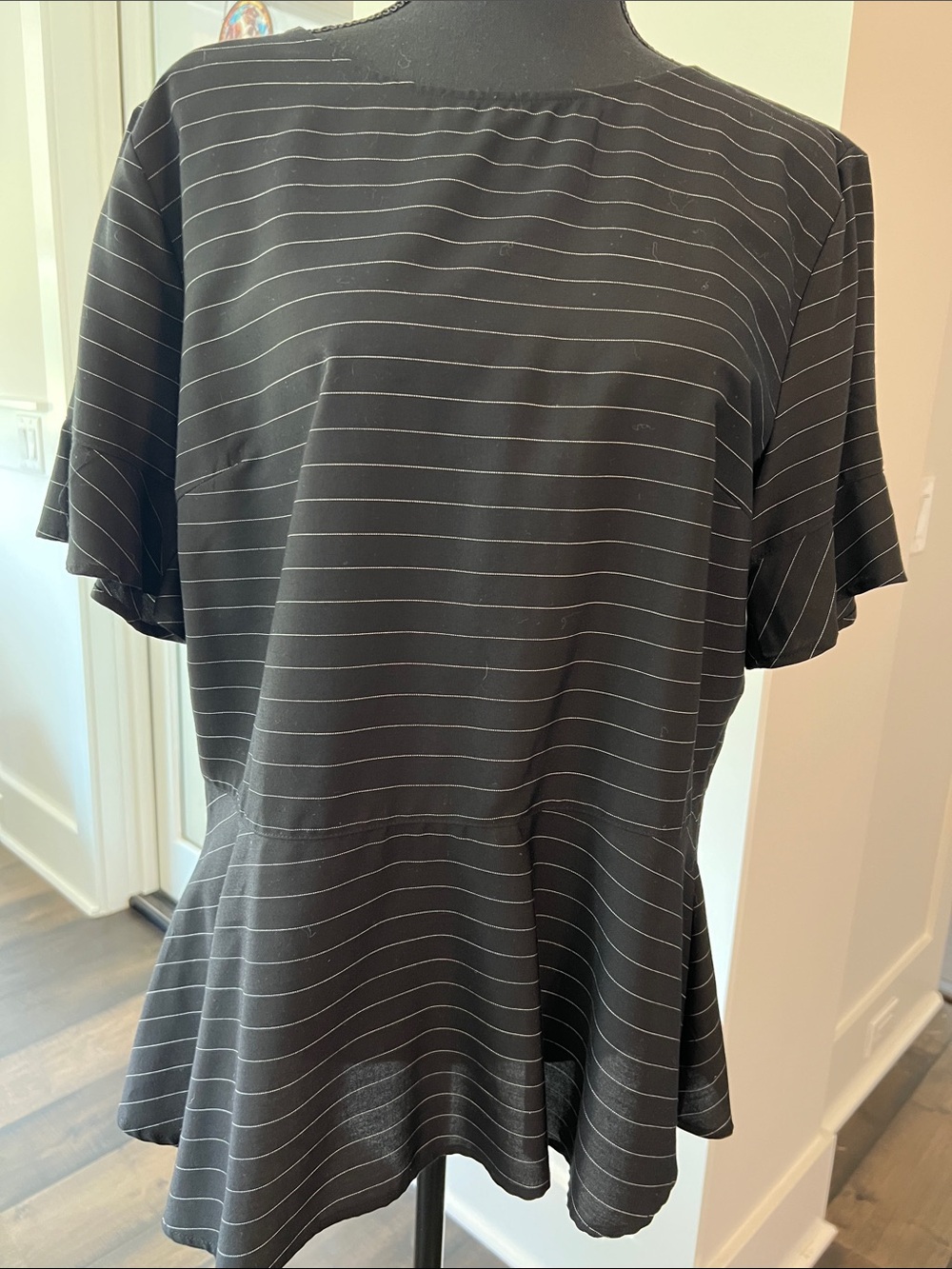 LOFT Black and White Pinstripe Peplum Top